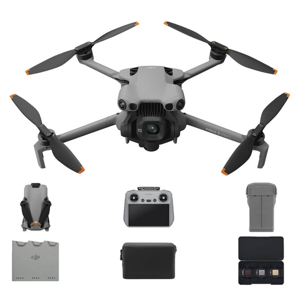DJI Mini 5 Pro drone with 1-inch CMOS camera, foldable design, remote controller, battery, backpack, and ND filters combo.