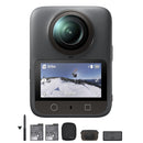 DJI Osmo 360 compact 8K 360-degree camera with dual 1-inch sensors, touchscreen display, and accessory bundle for adventure videography