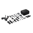 Collection of camera accessories and a carrying case on a white background