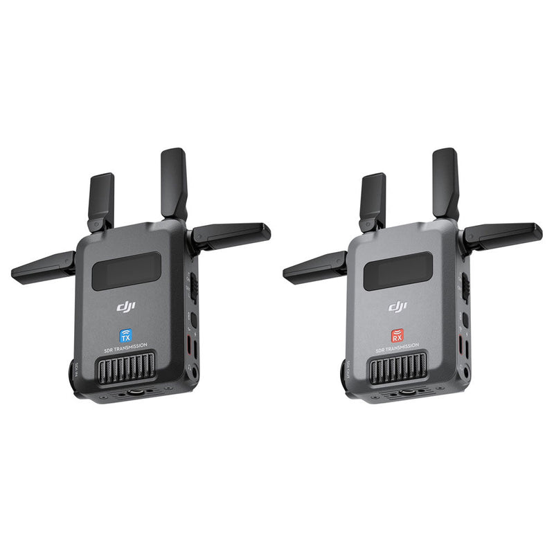 DJI SDR Transmission combo with compact transmitter and receiver, foldable antennas, 1080p video, 3 km range, USB-C output, and multi-frequency auto hopping for stable wireless transmission