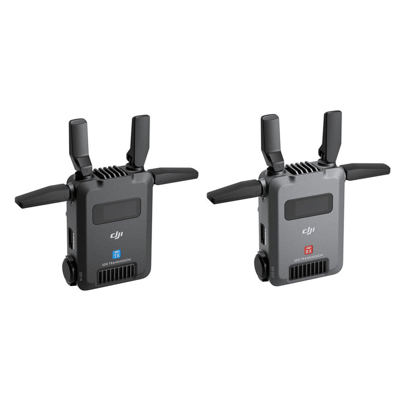 DJI SDR Transmission combo with dual compact transmitters featuring foldable antennas for 3km range, 1080p 60fps video, seamless frequency hopping, and multiple power options.