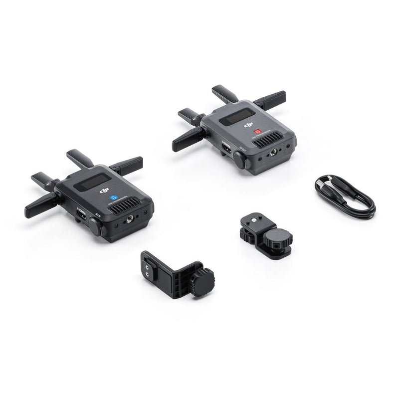 DJI SDR Transmission combo with transmitter, receiver, foldable antennas, mounting accessories, and USB-C cable for high-quality wireless video transmission.
