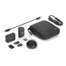 DJI Mic wireless microphone kit with transmitter, receiver, charging case, cables, and accessories on white background