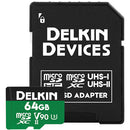 Delkin Devices 64GB Power microSD UHS-II V90 memory card with SD adapter for high-speed 8K video recording and fast data transfer