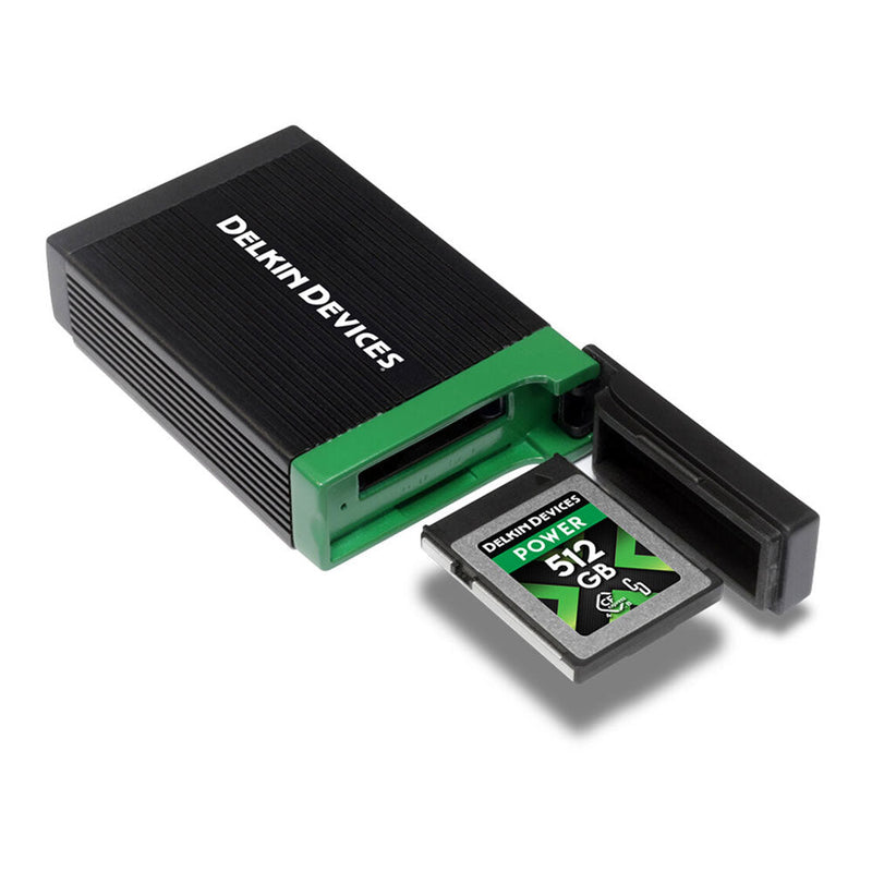 Delkin Devices USB4 CFexpress Type B memory card reader with 512GB card, rugged aluminum design, and USB-C connectivity