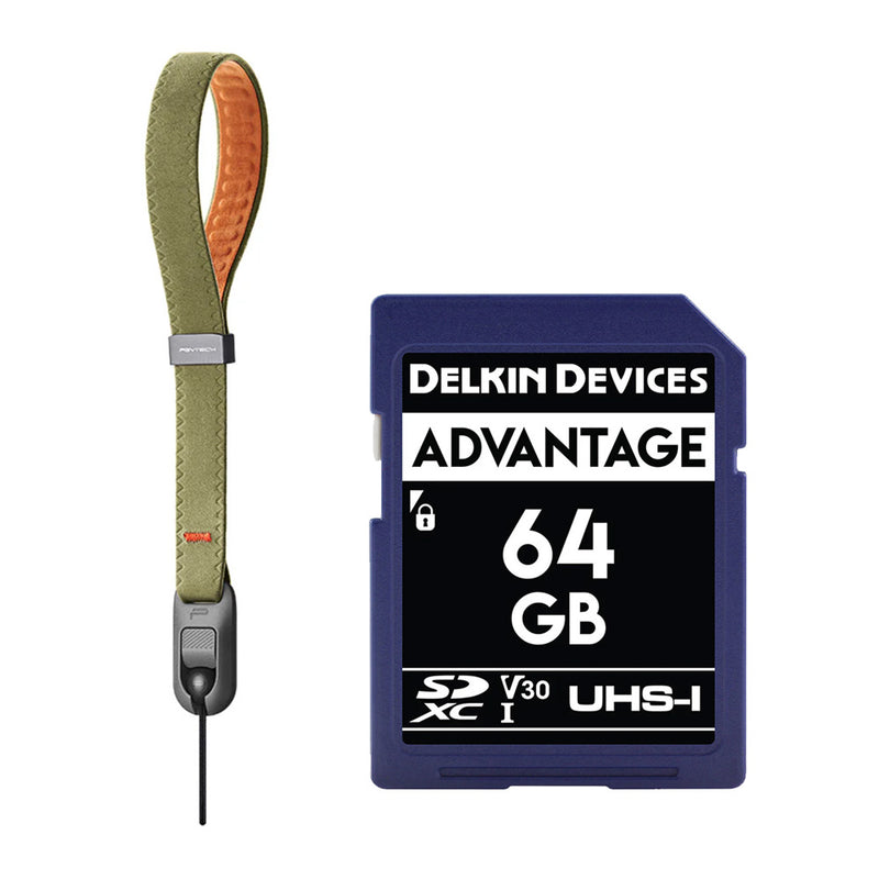 Delkin Advantage 64GB SDXC Memory Card with PGYTech Camera Wrist Strap Air