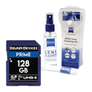 Delkin Prime 128GB SDXC II memory card with Zeiss lens cleaning fluid kit including spray and cloth