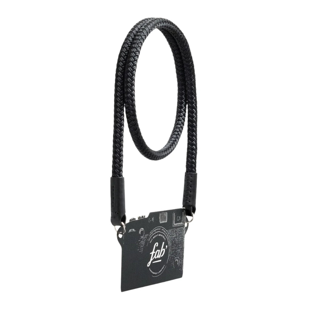 Fab F8 Rope Camera Strap in black with double braided polyester rope and leather ends handcrafted in Canada.