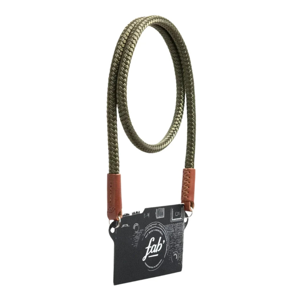 Fab F8 Rope Camera Strap in khaki with hand-sewn leather ends and durable braided rope