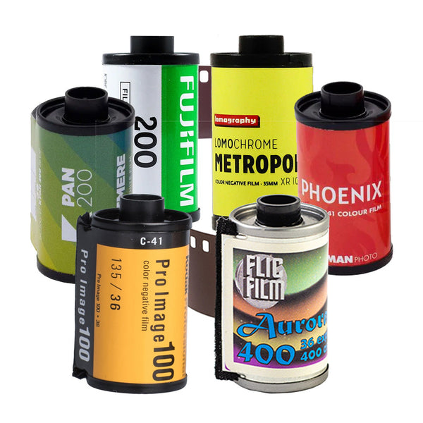 6x 35mm film rolls bundle with diverse film types including color, black & white, and experimental films