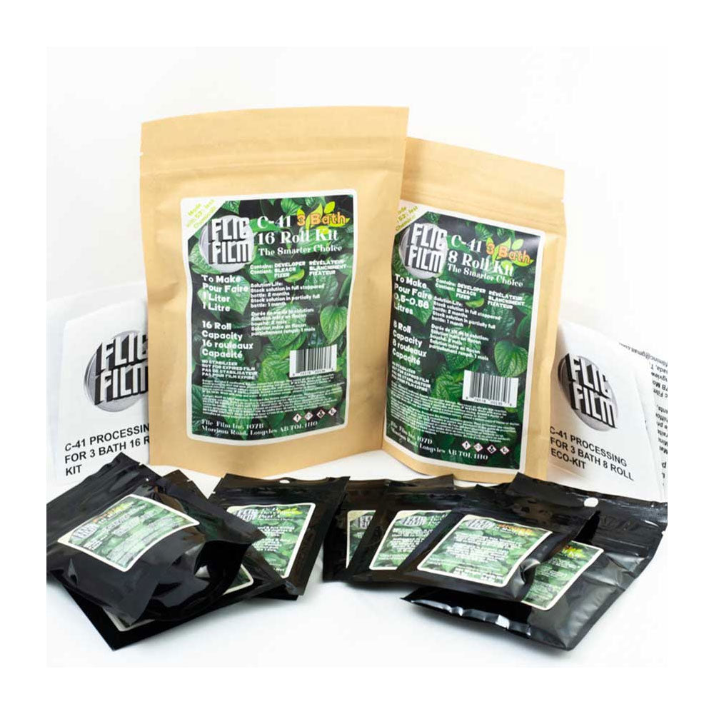 Flic Film C-41 Eco home developing kits (both 8-roll and 16-roll) contents on a white background