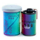 Revolog Kolor 400 35mm color film roll and packaging with rainbow gradient design