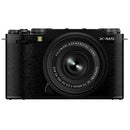 Front view of FUJIFILM X-M5 digital camera with 15-45mm f3.5-5.6 OIS PZ lens, black compact mirrorless camera