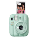 green Fujifilm instant camera with a photo of two people on a white background