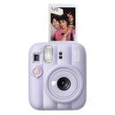 Lavender Fujifilm instant camera with a photo of two people on a white background