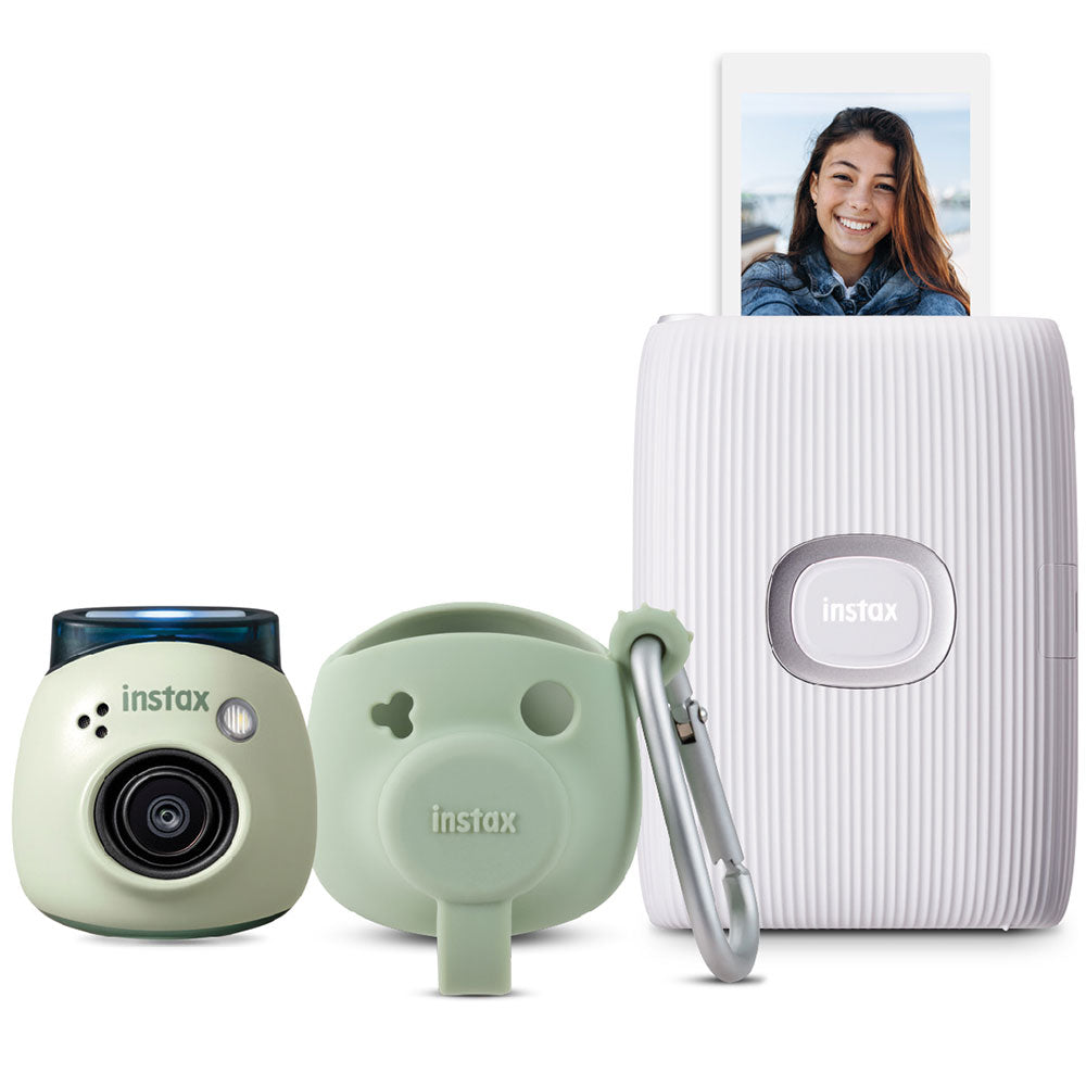 instax PAL digital camera bundle with mini Link 2 printer and silicone case in green