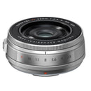 FUJIFILM XF 23mm f2.8 R WR compact silver camera lens with weather-resistant design and smooth bokeh.