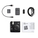 Fujifilm Instax Mini 99 black instant camera with accessories including USB cable, battery, charger, strap, and user manual