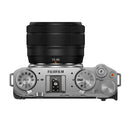 Top view of FUJIFILM X-M5 digital camera with 15-45mm OIS PZ lens showing dials and controls