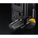 Close-up of Godox KNOWLED F400Bi LED light showing power and wireless DMX control connections