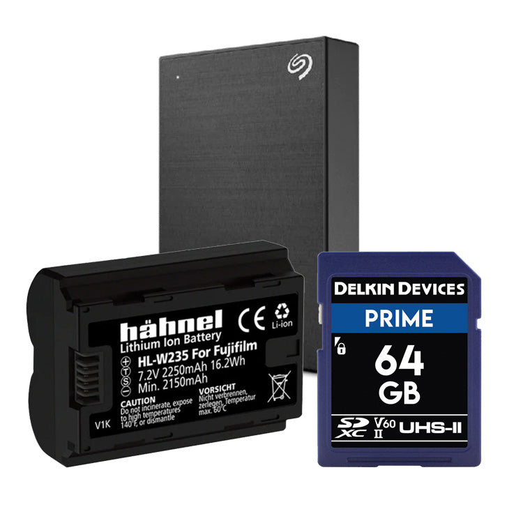 Hahnel HL-W235 Battery with Seagate 2TB One Touch HDD and Delkin Prime 64GB SDXC