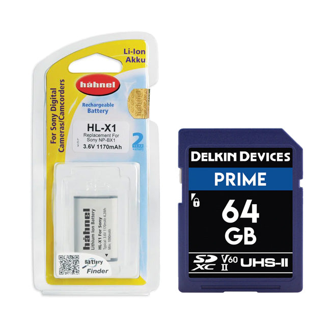 Hahnel HL-X1 Battery with Delkin Prime 64GB SDXC II 2000X V60 UHS-II
