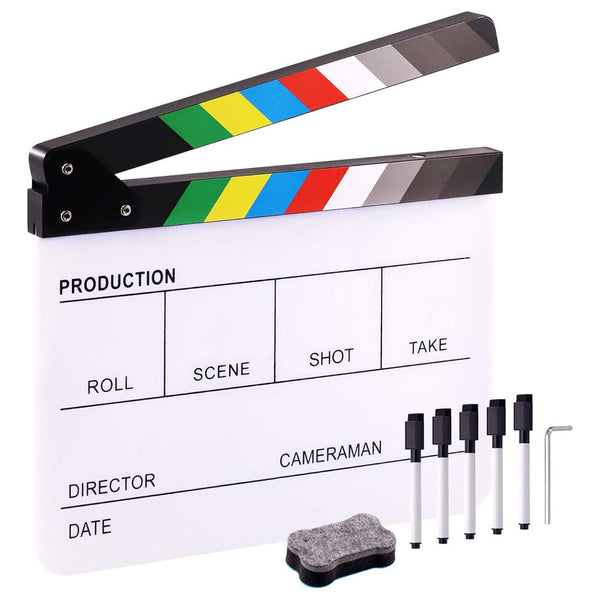 Hilitchi Film Slate clapboard with colorful sticks, writable acrylic surface, and magnetic hinged top for video production.