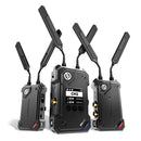 Hollyland Cosmo C2 wireless video transmission kit with 2 transmitters and 1 receiver featuring ultra-long 1000m range, low 33ms latency, HEVO 2.0 technology, NDI and UVC streaming support.