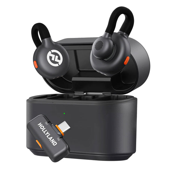 Hollyland LARK M2S wireless mic with titanium clip, lightweight design, noise cancellation, and 300m range in charging case