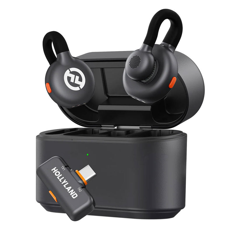 Hollyland LARK M2S wireless mic with titanium clip, lightweight design, noise cancellation, and 300m range in charging case