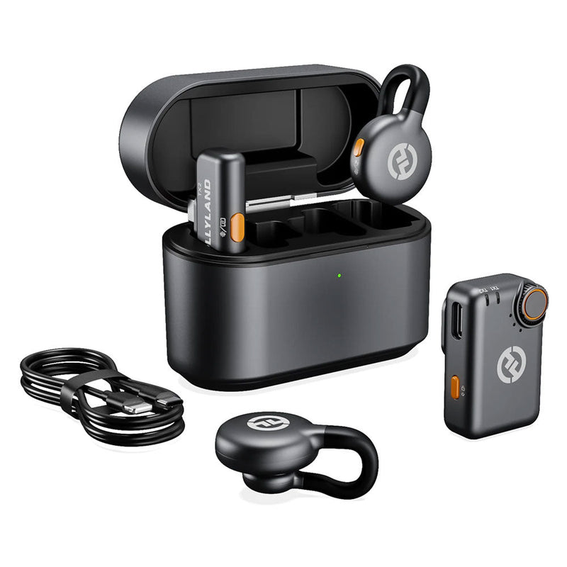 Hollyland Lark M2S wireless lapel microphone combo with charging case, transmitter, receiver, and USB-C cable, designed for discreet, high-quality audio recording.