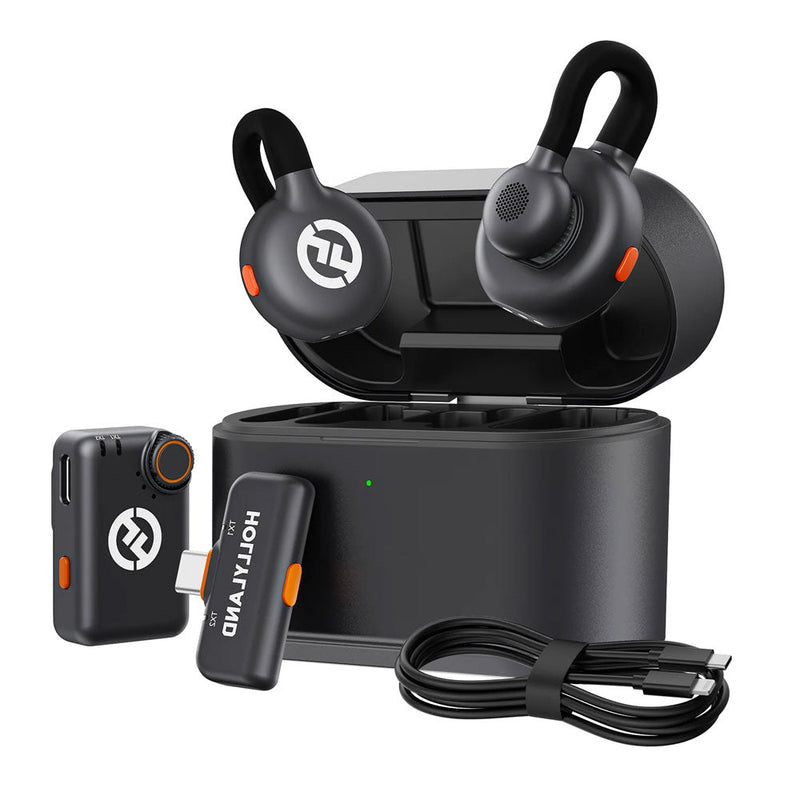 Hollyland Lark M2S wireless lapel microphone combo with compact transmitters, charging case, and USB-C cable for clear audio capture