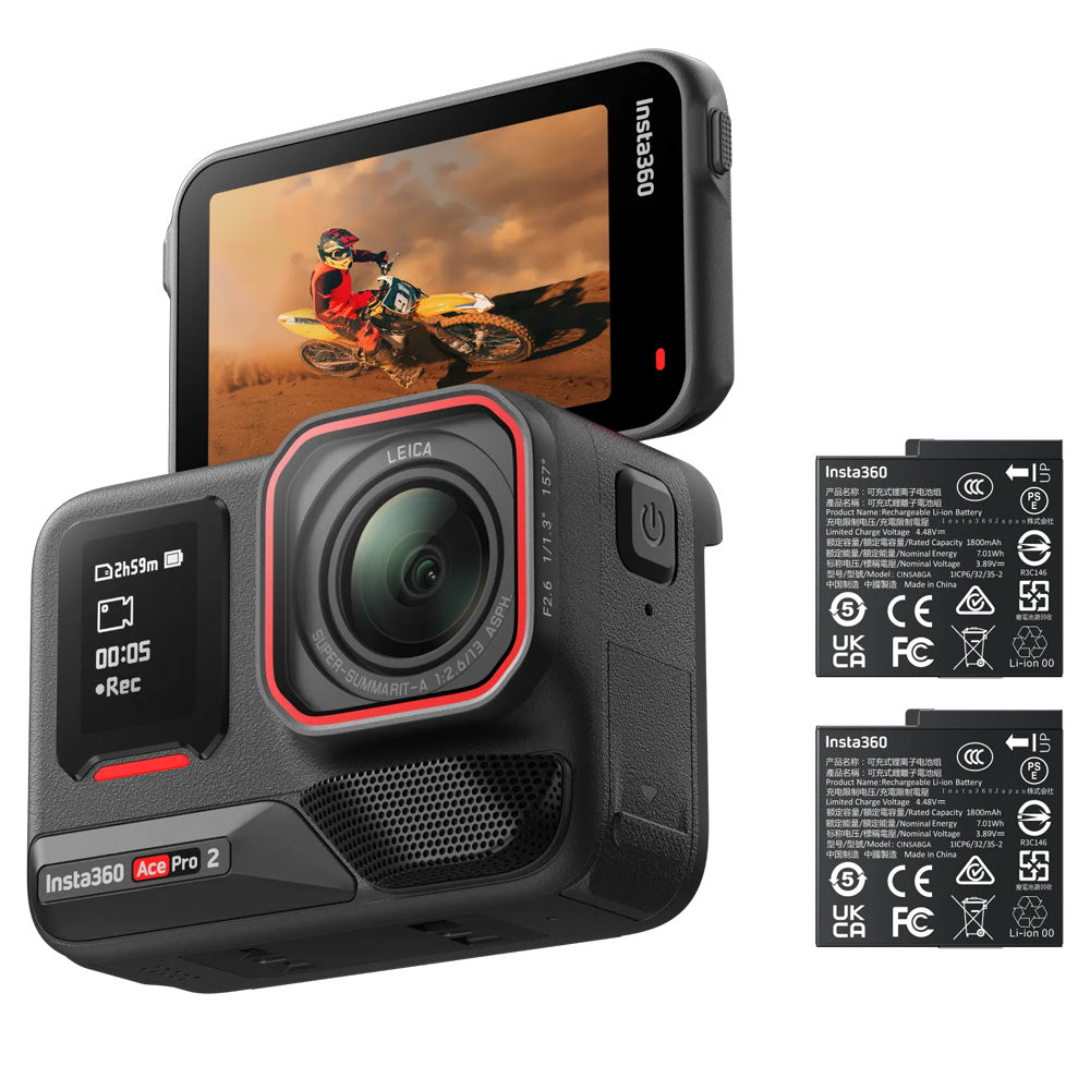 Insta360 Ace Pro 2 action camera with Leica lens, dual batteries, flip touchscreen, and rugged waterproof design