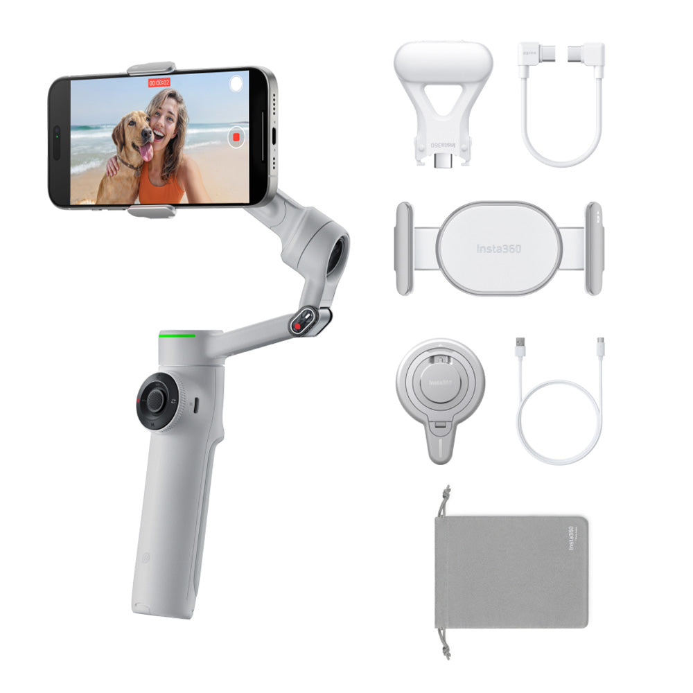Insta360 Flow 2 Pro smartphone stabilizer with 3-axis gimbal, tripod, selfie stick, and accessories for smooth AI-powered tracking and filming