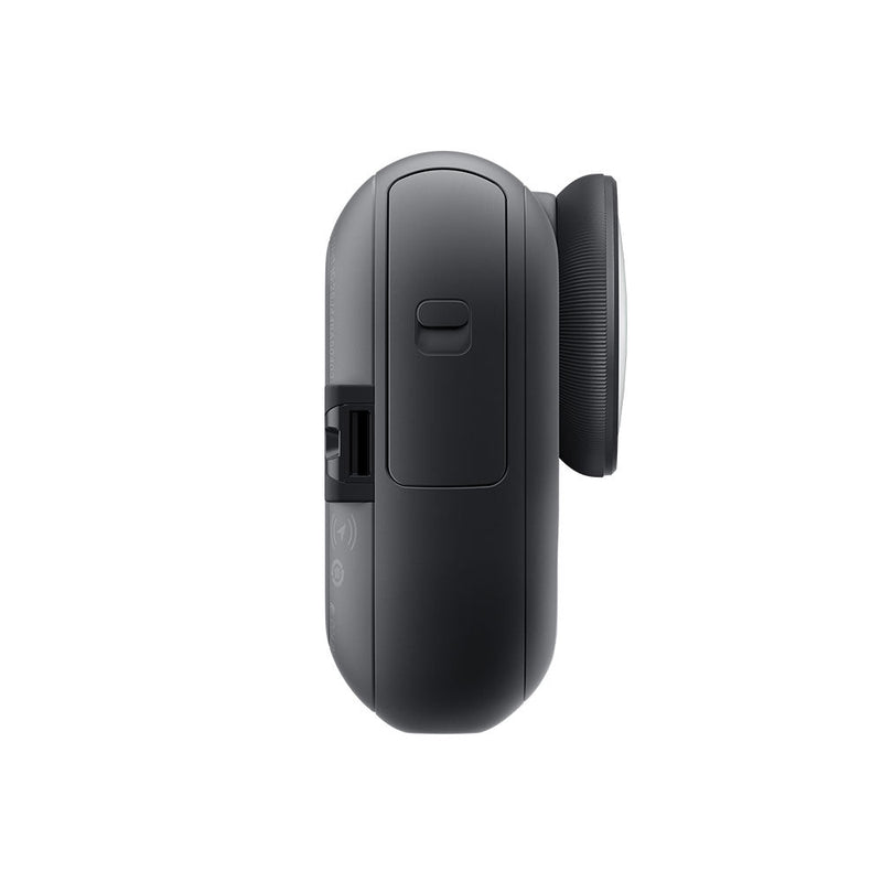 Side view of compact black Insta360 Go Ultra action camera with prominent lens and sleek design