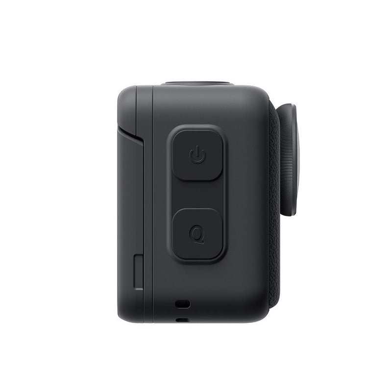 Side view of compact black Insta360 Go Ultra action camera with control buttons and lens