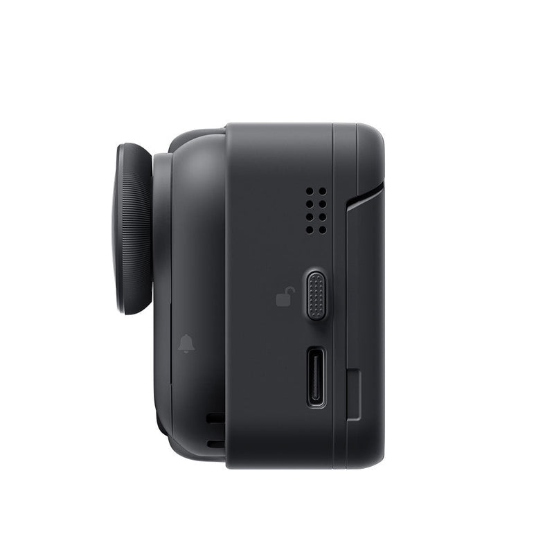 Compact black Insta360 Go Ultra action camera showcasing side ports and buttons in a portable design