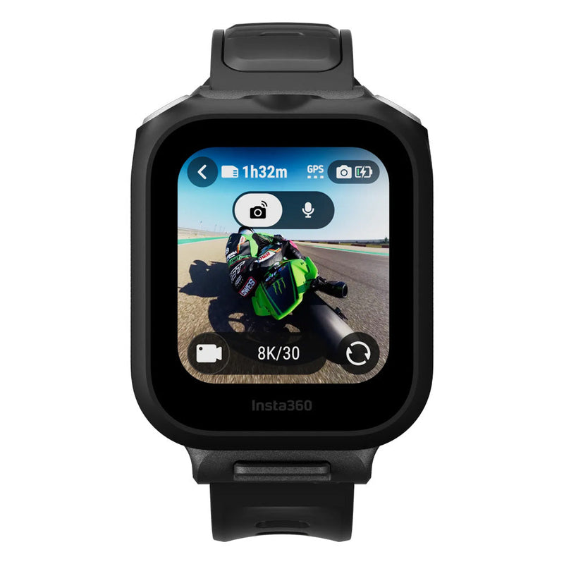 Insta360 GPS Preview Remote wristwatch with live image preview and built-in microphone displaying a motorcycle racing video on screen