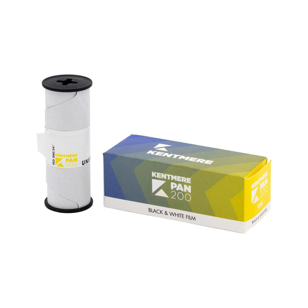 Kentmere 200 Pan ISO 200 black and white 120 film with fine grain and high contrast packaging and film roll