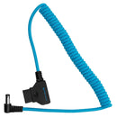 Blue coiled Kondor Blue D-Tap to DC 5.5x2.5mm right-angle power cable for Canon C70 and accessories