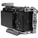 Kondor Blue Cage mounted on Sony FX3 camera with removable Arca Swiss plate and NATO rails