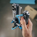 Kondor Blue Stalman Clamp holding iPhone vertically with tripod setup and blue USB-C adapter cable