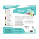 Lee Master Location lighting gel pack with CTO, CTB, greens, effects filters, diffusions, scrim, and black foil sheets for color correction and lighting effects.