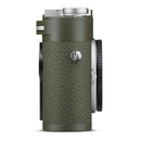 Side view of Leica M11-P Safari edition camera with olive-green leatherette and silver controls