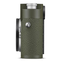 Leica M11-P Safari edition camera side view with olive-green leatherette and silver controls
