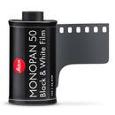 Leica MONOPAN 50 black and white 135 film roll with partial film strip visible
