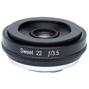 Lensbaby Sweet 22 pancake lens with f/3.5 aperture for FUJIFILM X cameras, compact metal body, selective focus effects, and close focusing down to 5 inches