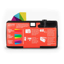 Lomography Simple Use reloadable 35mm camera with Color 400 film showing colorful exposure instructions on back.