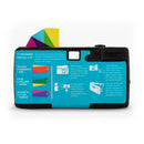 back view of Lomography Simple Use reloadable 35mm camera with LomoChrome Turquoise 400 film and exposure instructions