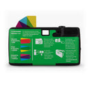 Back view of Lomography Simple Use Reloadable 35mm Camera with colorful film usage instructions and exposure details